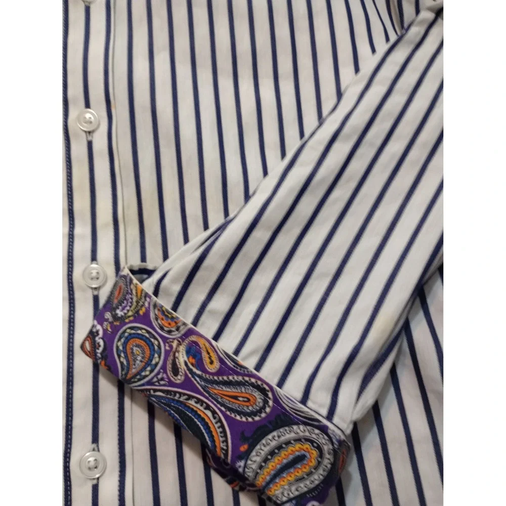 Robert Graham Mens Large Blue White Striped Paisley Button Down Shirt has stain